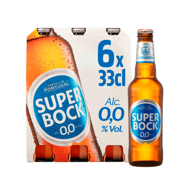 Cerveza Lager sin Alcohol 0.0%Alc. SUPER BOCK Botella 330ml. packs 6, 24/Caja